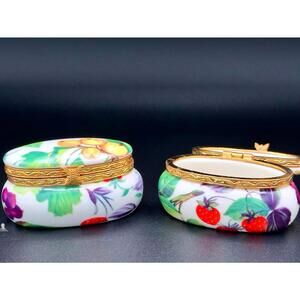 🍓🍇 Handcrafted in USA  Liette Porcelain Trinket Box Pair Fruit Motif Butterfly